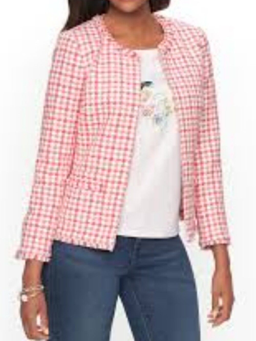 NWOT Talbots Plus Fringe Trim Tweed Jacket Pink White Houndstooth Size 16W